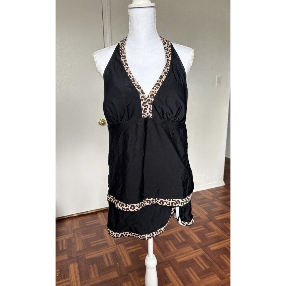 Women’s Black Leopard Halter Top and Skirt Swimsuit Set Size 2X - Picture 3 of 13